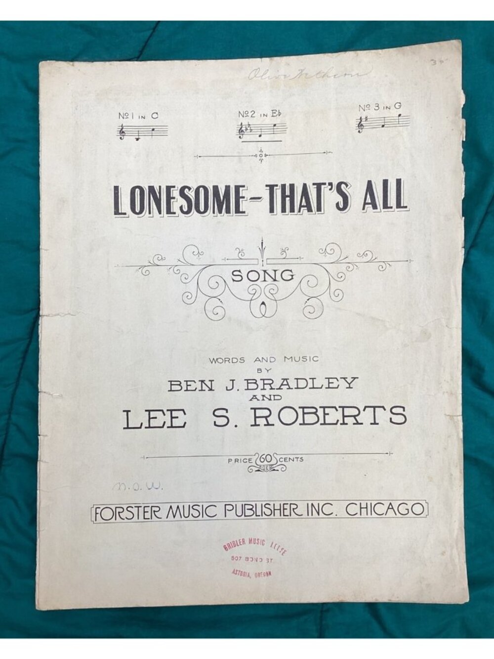 1919 Lonesome That's All Sheet Music Astoria OR Stamp Forster Music